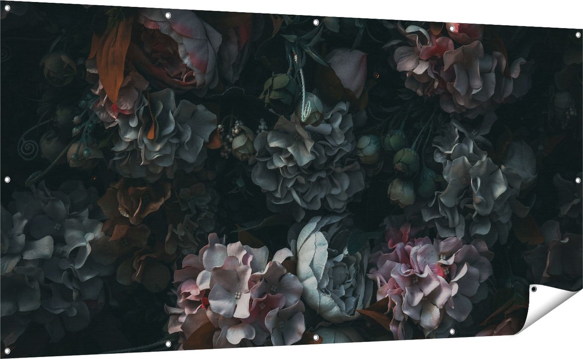 Gards Tuinposter Bloemen in het Donker - Duisternis - 200x100 cm - Tuindoek - Tuindecoratie - Wanddecoratie buiten - Tuinschilderij Multikleur