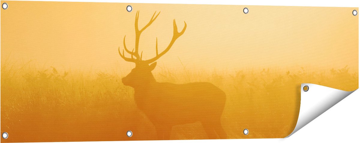Gards Tuinposter Hert tijdens de Mist - 120x40 cm - Tuindoek - Tuindecoratie - Wanddecoratie buiten - Tuinschilderij Multikleur