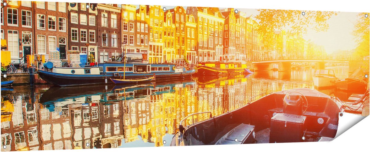 Gards Tuinposter Amsterdamse Brug - Gracht - met Bloemen - 210x70 cm - Tuindoek - Tuindecoratie - Wanddecoratie buiten - Tuinschilderij Multikleur