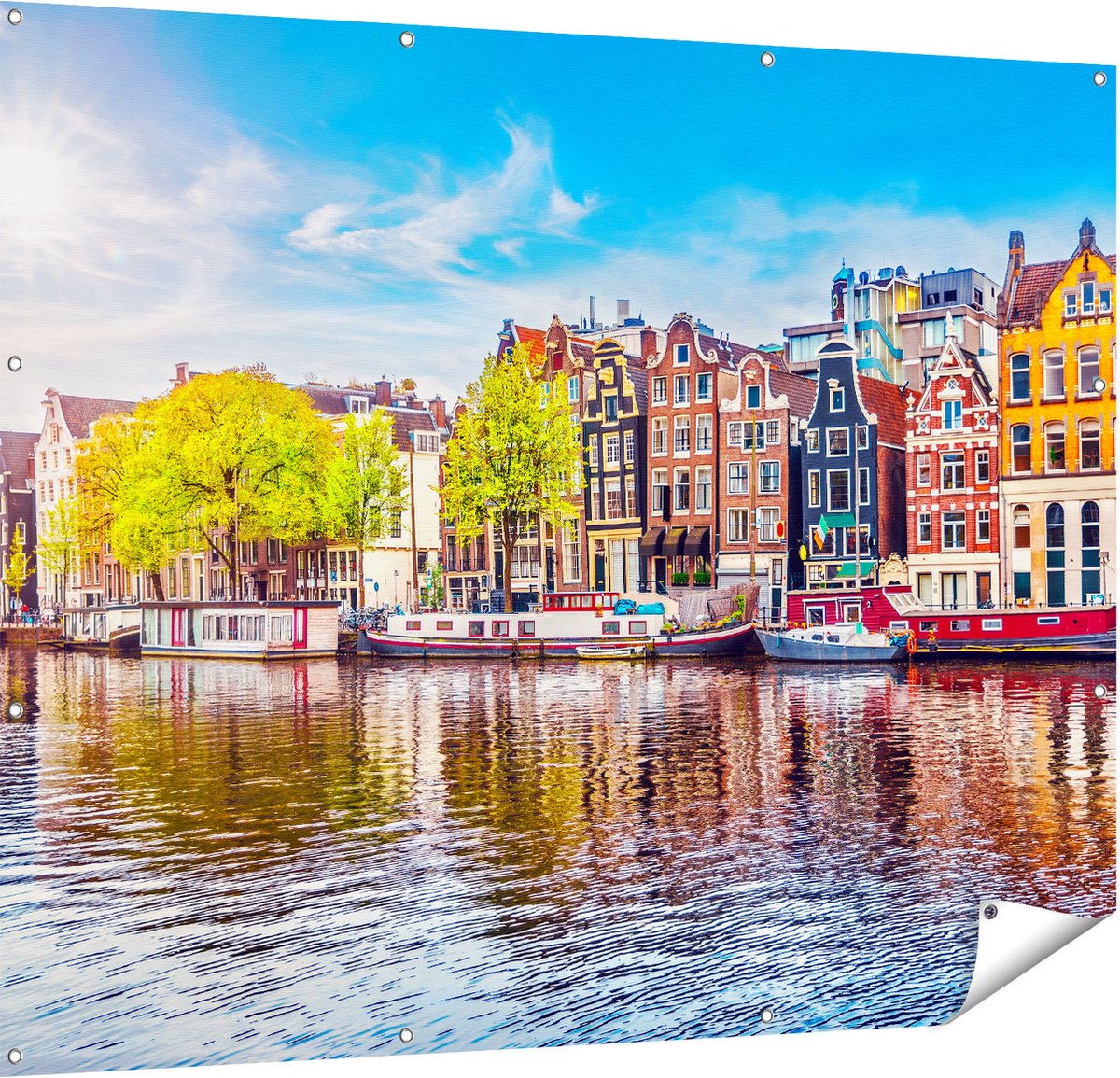 Gards Tuinposter Amsterdamse Huisjes aan het Water - 150x120 cm - Tuindoek - Tuindecoratie - Wanddecoratie buiten - Tuinschilderij Multikleur