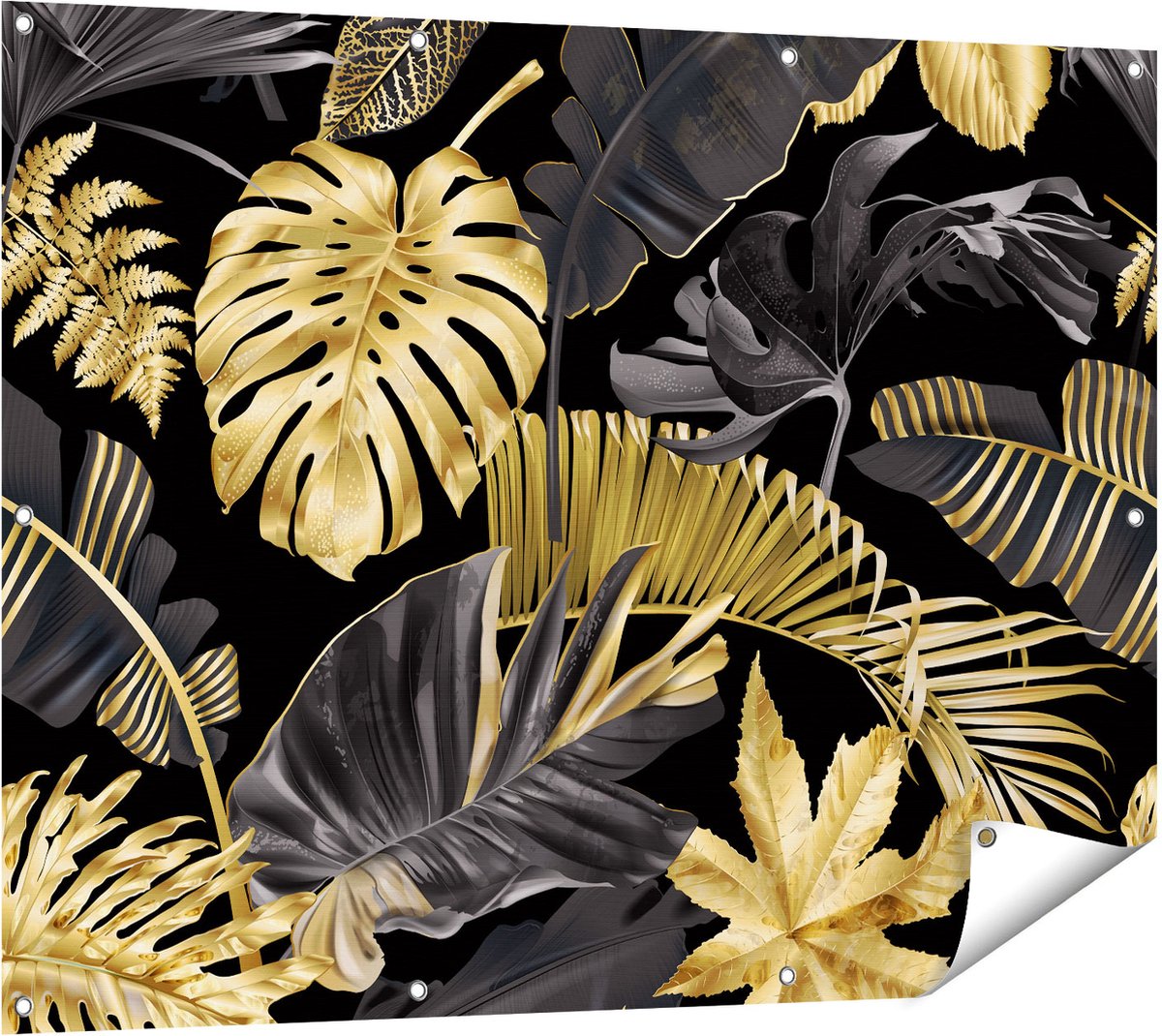 Gards Tuinposter Gouden Tropische Bladeren - 120x90 cm - Tuindoek - Tuindecoratie - Wanddecoratie buiten - Tuinschilderij Multikleur