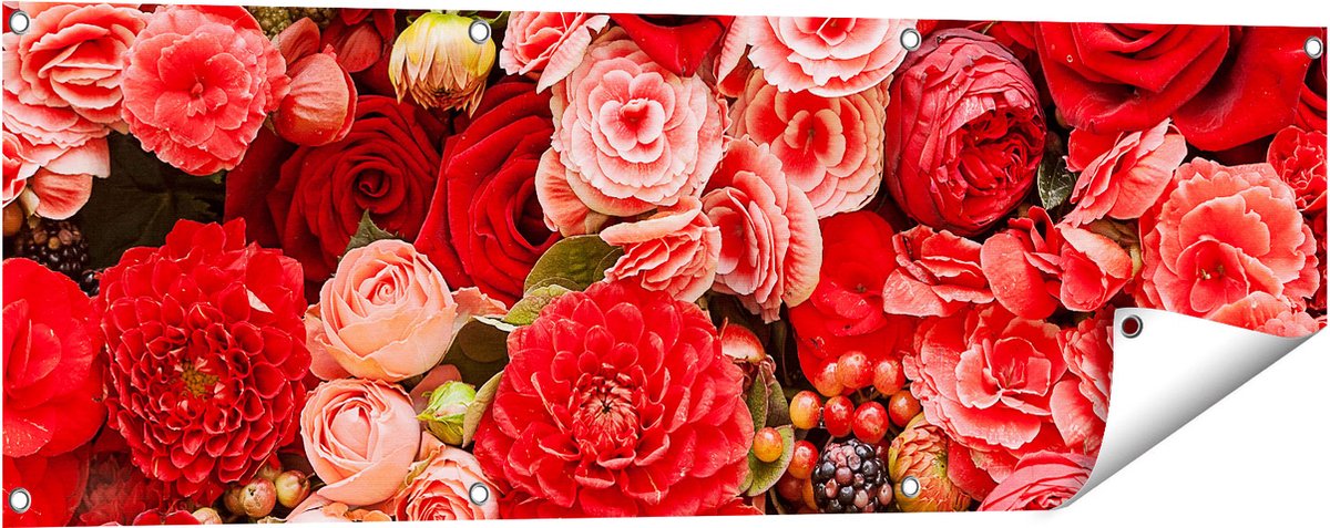 Gards Tuinposter Rode en Roze Bloemen met Fruit - Abstract - 120x40 cm - Tuindoek - Tuindecoratie - Wanddecoratie buiten - Tuinschilderij Multikleur