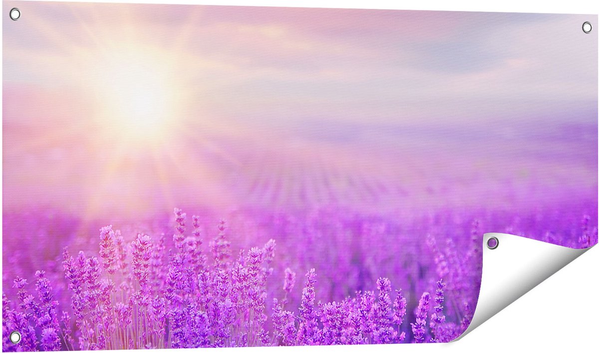 Gards Tuinposter Bloemenveld met Paarse Lavendel - 100x50 cm - Tuindoek - Tuindecoratie - Wanddecoratie buiten - Tuinschilderij Multikleur