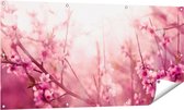 Gards Tuinposter Roze Bloesemboom met Zonneschijn - 140x70 cm - Tuindoek - Tuindecoratie - Wanddecoratie buiten - Tuinschilderij
