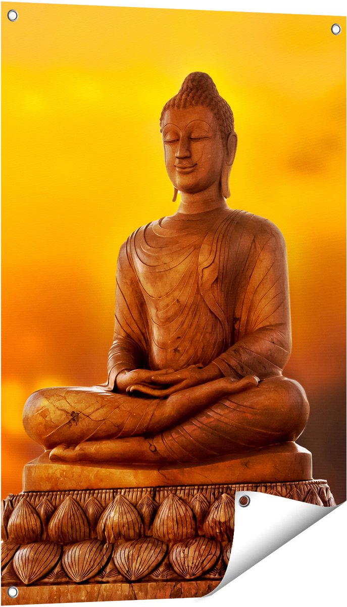 Gards Tuinposter Boeddha Standbeeld bij Zonsondergang - 60x90 cm - Tuindoek - Tuindecoratie - Wanddecoratie buiten - Tuinschilderij Multikleur