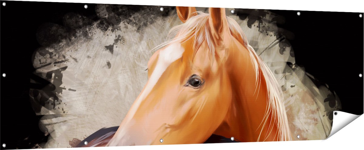 Gards Tuinposter Twee Getekende Knuffelende Paarden - Abstract - 210x70 cm - Tuindoek - Tuindecoratie - Wanddecoratie buiten - Tuinschilderij Multikleur