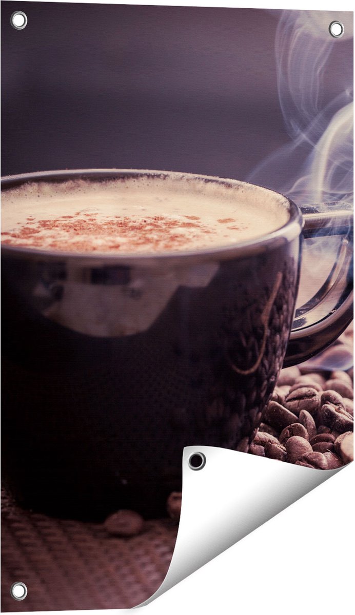 Gards Tuinposter Hete Koffie Kop met Koffiebonen - 40x60 cm - Tuindoek - Tuindecoratie - Wanddecoratie buiten - Tuinschilderij Multikleur