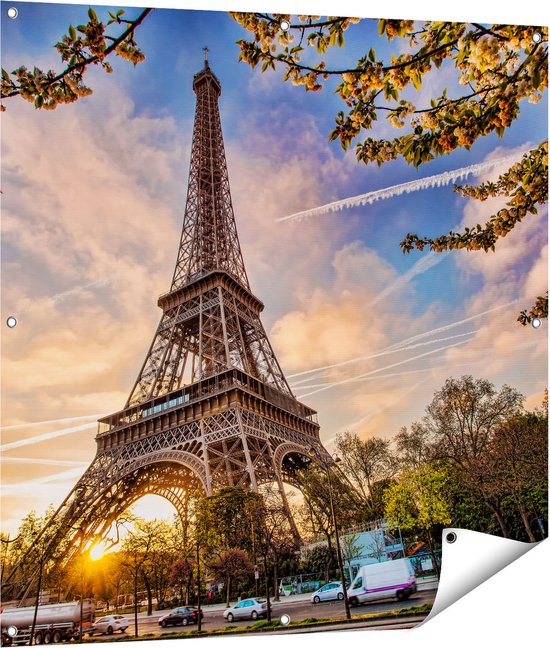 Gards Tuinposter Eiffeltoren in Parijs tijdens Zonsondergang - 100x100 cm - Tuindoek - Tuindecoratie - Wanddecoratie buiten - Tuinschilderij