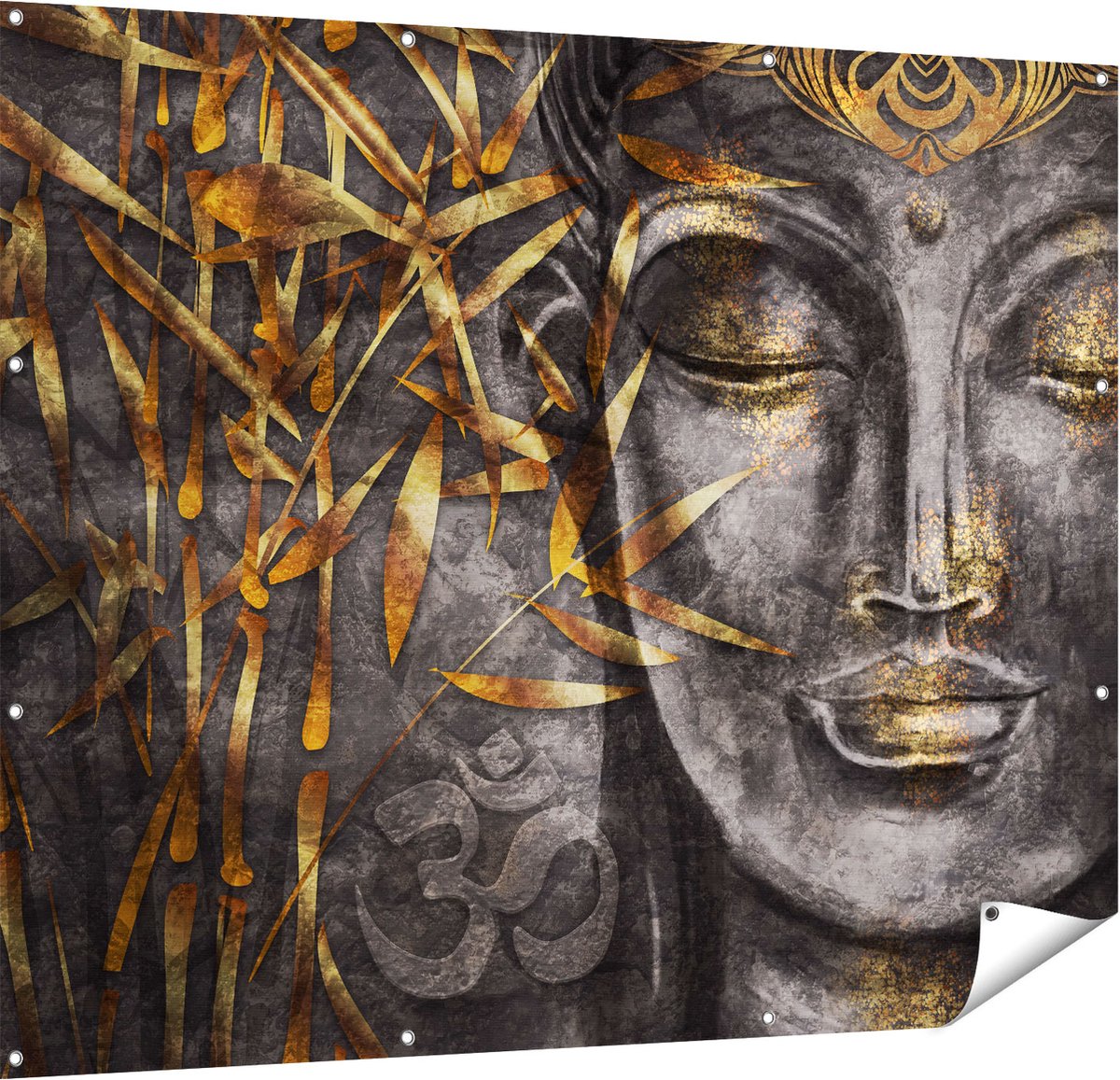 Gards Tuinposter Gouden Boeddha van Aquarel - Abstract - 150x120 cm - Tuindoek - Tuindecoratie - Wanddecoratie buiten - Tuinschilderij Multikleur