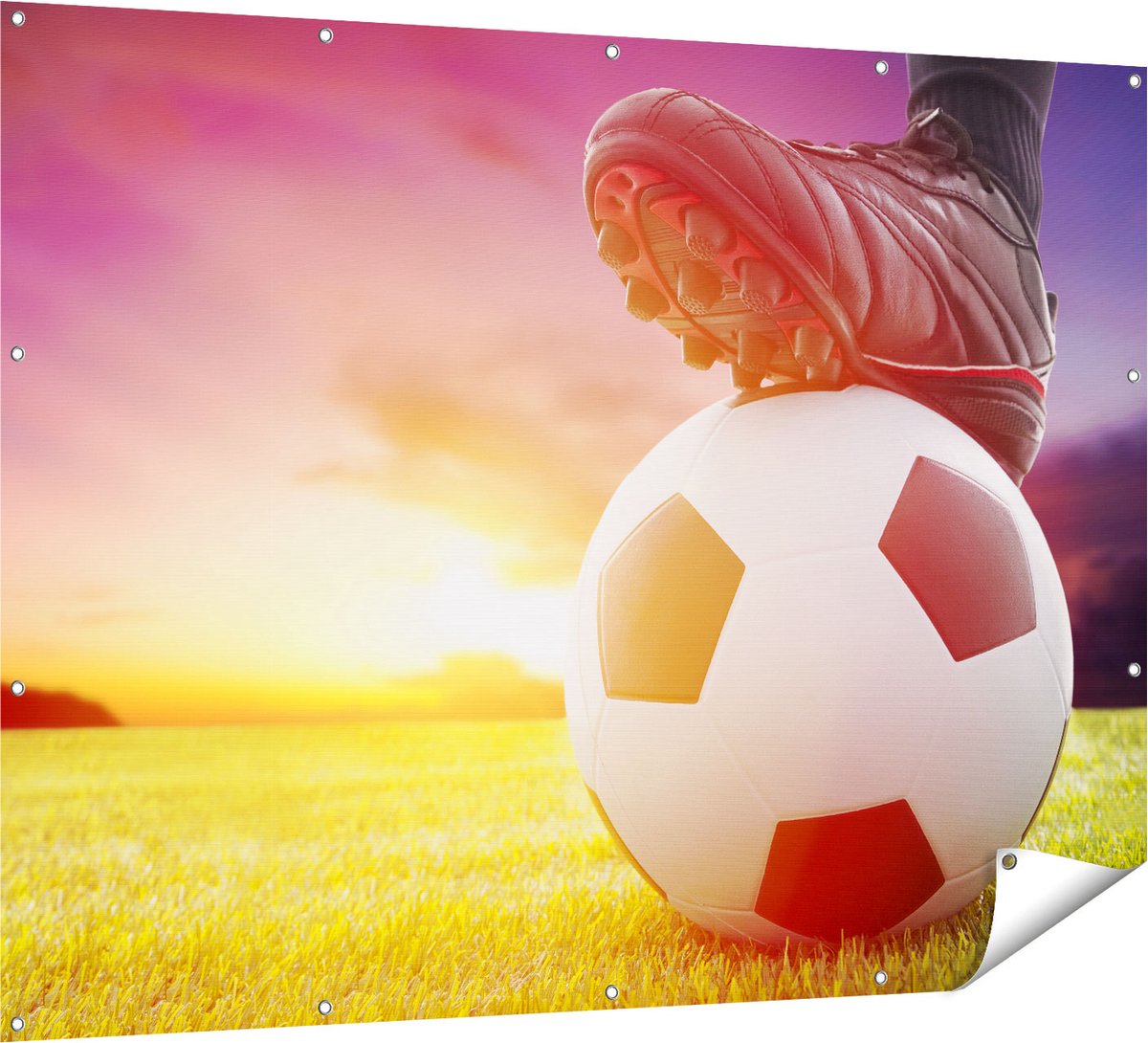 Gards Tuinposter Klassieke Voetbal Aftrap met Zonsondergang - 160x120 cm - Tuindoek - Tuindecoratie - Wanddecoratie buiten - Tuinschilderij Multikleur