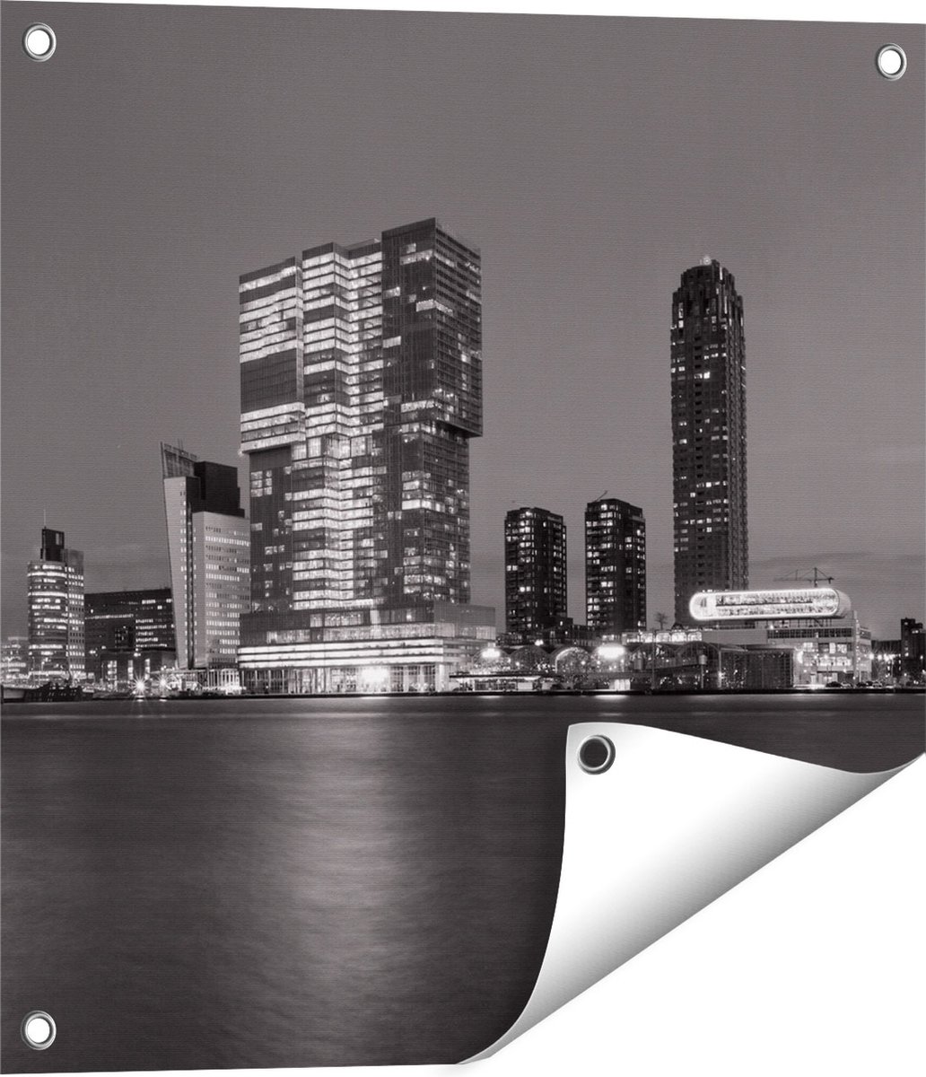 Gards Tuinposter Rotterdamse Skyline - Zwart Wit - 50x50 cm - Tuindoek - Tuindecoratie - Wanddecoratie buiten - Tuinschilderij Multikleur