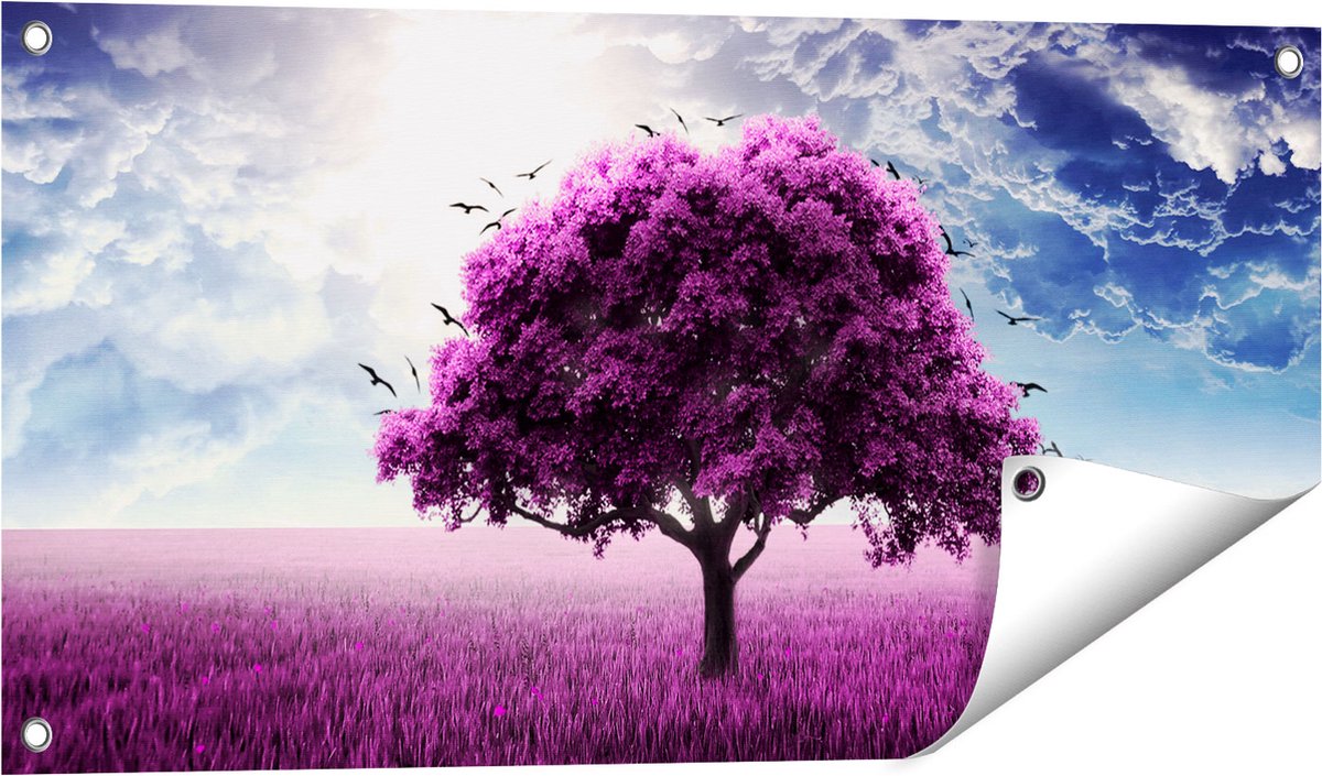 Gards Tuinposter Paarse Boom in het Paars Veld met Vogels - 80x40 cm - Tuindoek - Tuindecoratie - Wanddecoratie buiten - Tuinschilderij Multikleur