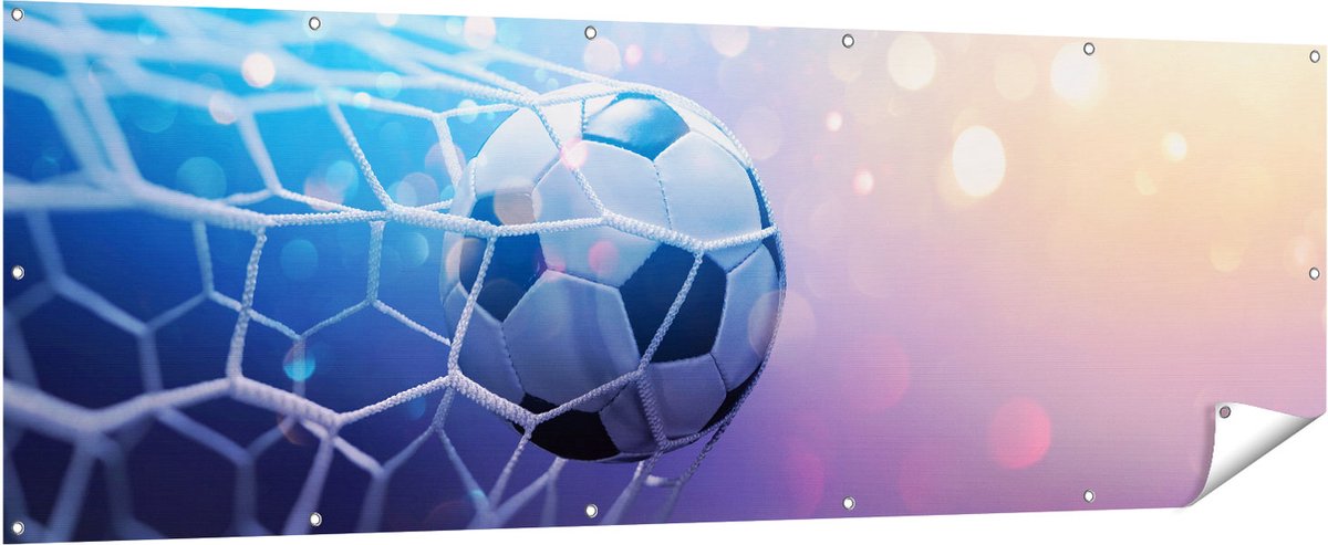 Gards Tuinposter Voetbal Bal Door het Goal Heen - 210x70 cm - Tuindoek - Tuindecoratie - Wanddecoratie buiten - Tuinschilderij Multikleur