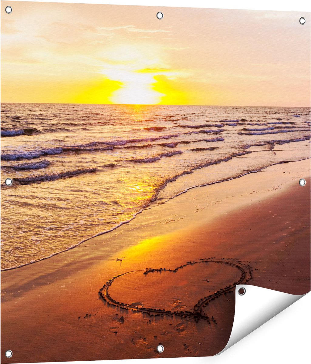 Gards Tuinposter Zonsondergang op het Strand met een Hartje - 80x80 cm - Tuindoek - Tuindecoratie - Wanddecoratie buiten - Tuinschilderij Multikleur
