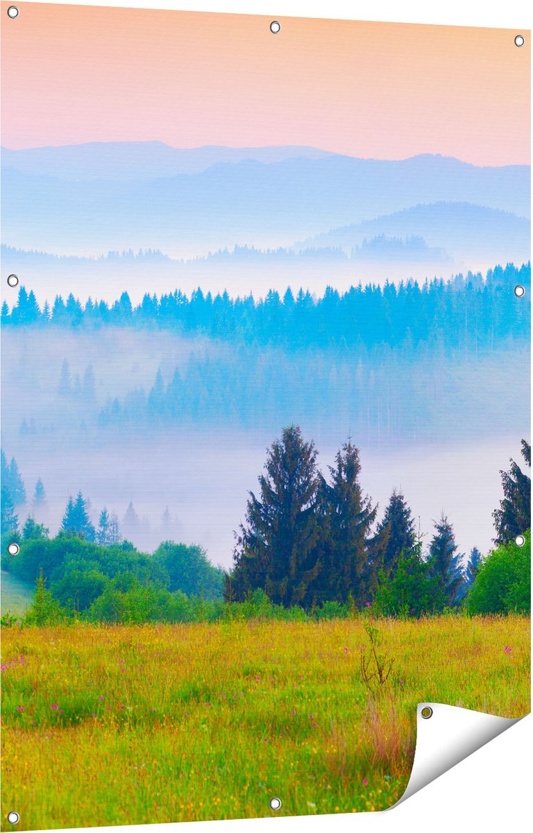 Gards Tuinposter Mistige Heuvel Landschap met Bossen - 90x120 cm - Tuindoek - Tuindecoratie - Wanddecoratie buiten - Tuinschilderij Multikleur
