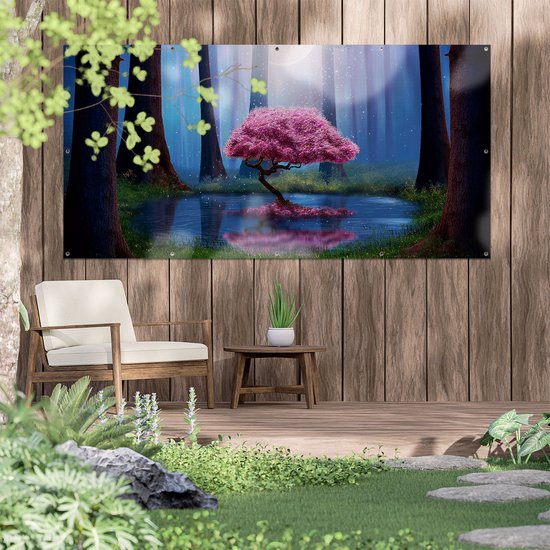 Gards Poster de jardin Arbre rose sur un étang la nuit - 200x100 cm - Toile de jardin - Décoration de jardin - Décoration murale extérieur - Tableau de jardin