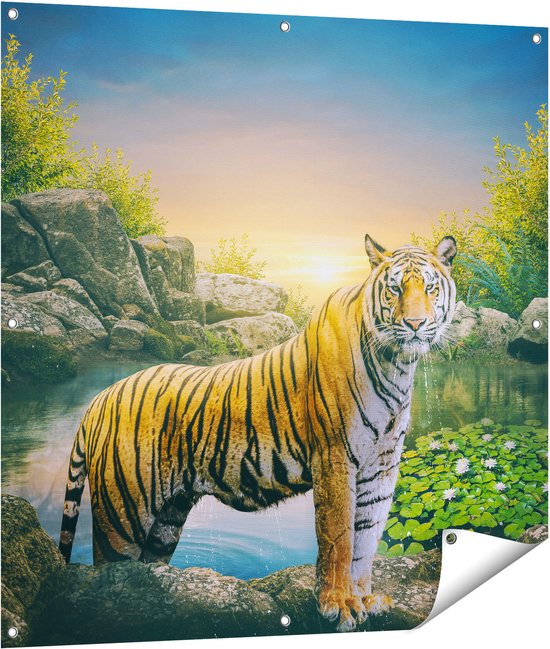 Gards Tuinposter Luipaard in een Vijver bij Zonsondergang - 100x100 cm - Tuindoek - Tuindecoratie - Wanddecoratie buiten - Tuinschilderij