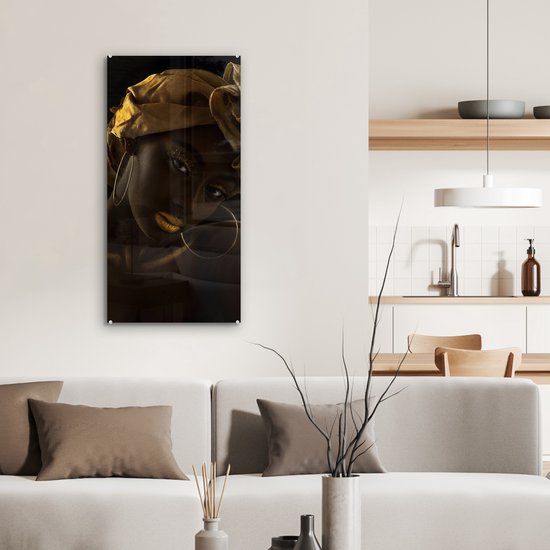 MuchoWow® Peinture sur Verre - Femmes - Foulard - Or - Luxe - 40x80 cm - Peintures sur Verre Acrylique - Photo sur Glas
