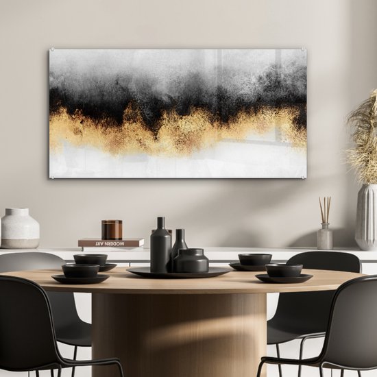 MuchoWow® Peinture sur Verre - Goud - Chic - Abstrait - Zwart - Wit - Luxe - 80x40 cm - Peintures sur Verre Acrylique - Photo sur Glas