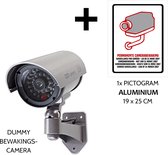 Dummy Beveiligingscamera Pack + Pictogram "Permanente camerabewaking Wetgeving maart 2007" in aluminium | Waterdichte behuizing voor gebruik buitenshuis | Incl. AA batterijen