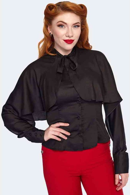 Voodoo Vixen - Cape Sleeve Tie Neck Blouse - XXL - Zwart