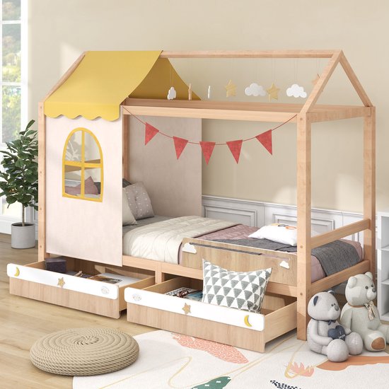 Lit cabane lit en bois 90x200cm- lit simple avec rideau en tissu- lit  enfant avec