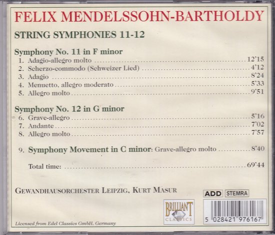 Mendelssohn Bartholdy: Die Jugendsymphonien No. 11, 12; Symphonic Movement in C minor