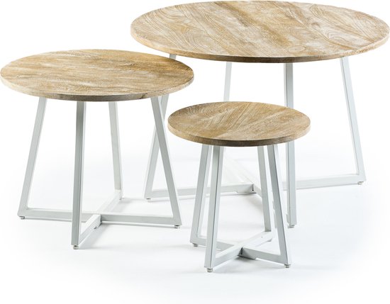 Offering - Salontafel - set van 3 - rond - mango - naturel - witte stalen trapeziumpoten