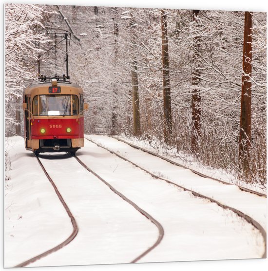 PVC Schuimplaat - Rode Tram rijdend door Bos vol Bomen in de Winter - 100x100 cm Foto op PVC Schuimplaat (Met Ophangsysteem)