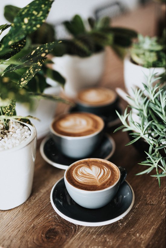 Trois tasses de café avec latte art, dont une en forme de cœur, sont disposées sur une table en bois entre diverses plantes vertes.