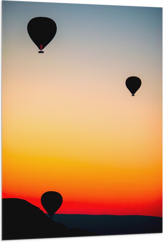 Vlag - Silhouet van Drie Luchtballonnen bij Feloranje Zonsondergang - 80x120 cm Foto op Polyester Vlag