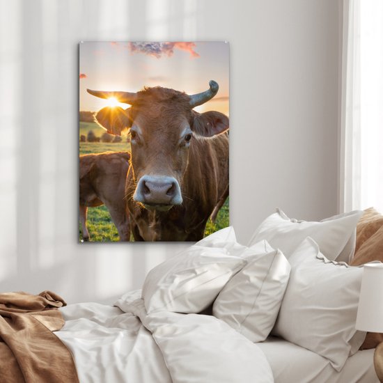 MuchoWow - Glasschilderij - Foto op glas - Koeien - Zonsondergang - Natuur - Dieren - Koe - Schilderij op glas - Acrylglas - Kamer decoratie - 60x80 cm - Wanddecoratie