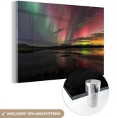 MuchoWow® Glasschilderij 30x20 cm - Schilderij acrylglas - Noorderlicht - IJsland - Kleuren - Foto op glas - Schilderijen