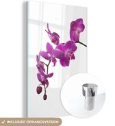 MuchoWow® Glasschilderij 80x120 cm - Schilderij acrylglas - Orchidee tegen witte achtergrond - Foto op glas - Schilderijen