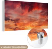 MuchoWow® Glasschilderij 160x80 cm - Schilderij acrylglas - Wolken - Zon - Rood - Foto op glas - Schilderijen