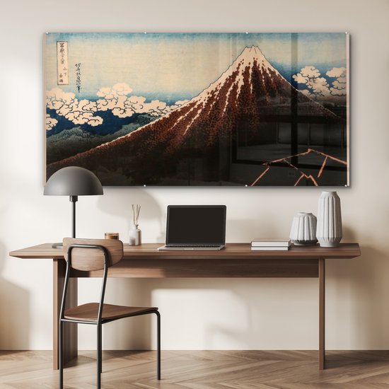 MuchoWow® Peinture sur verre 160x80 cm - Peinture sur verre acrylique - Orage sous le sommet de la montagne - Peinture de Kasushika Hokusai - Photo sur verre - Peintures
