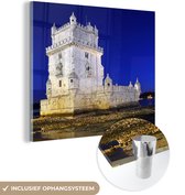 MuchoWow® Glasschilderij 20x20 cm - Schilderij acrylglas - Torre de Belém in de nacht - Foto op glas - Schilderijen