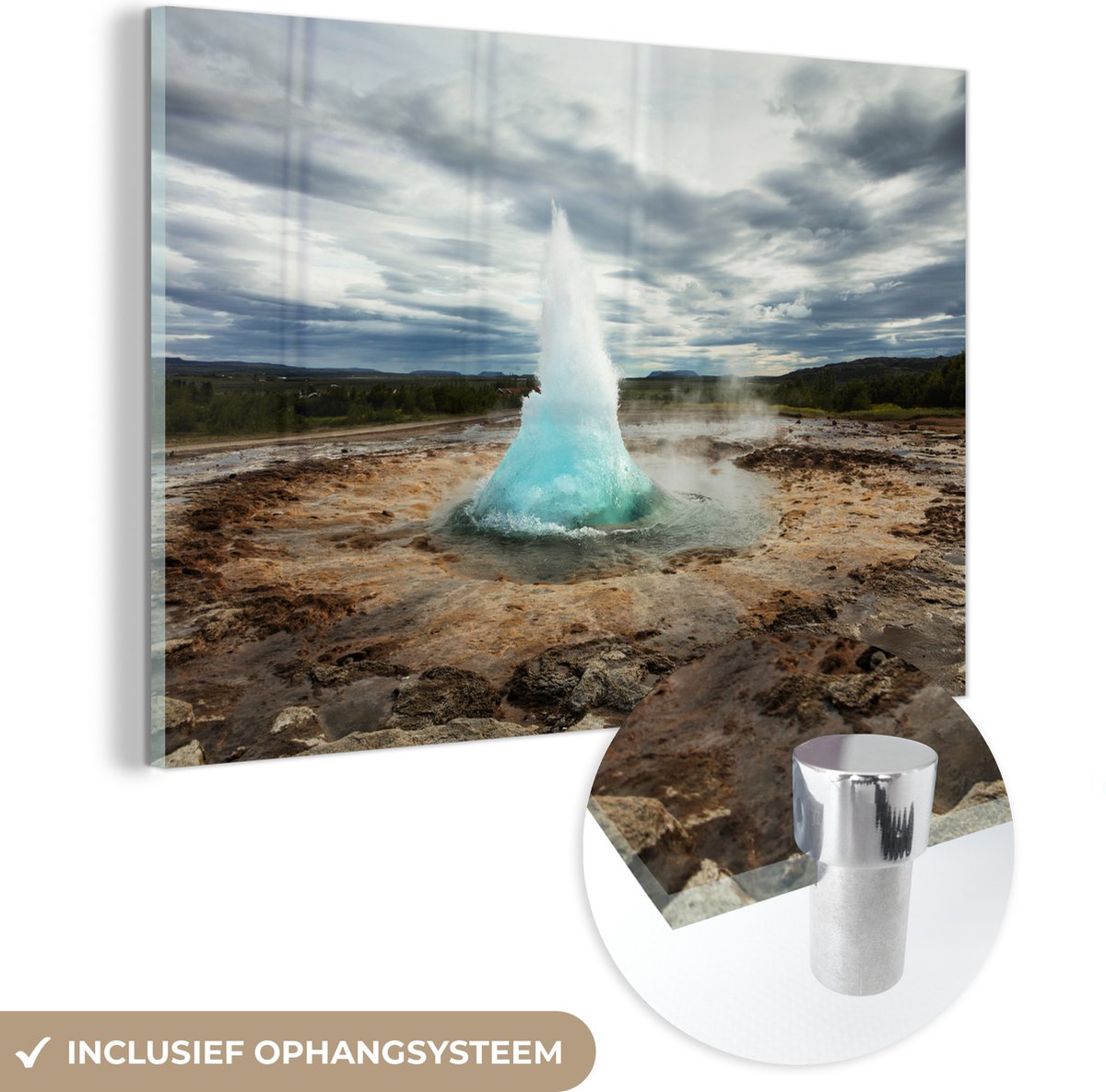 ® Glasschilderij 90x60 cm - Schilderij acrylglas - Strokkur geiser in IJsland - Foto op gl
