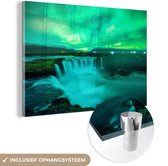 MuchoWow® Glasschilderij 180x120 cm - Schilderij acrylglas - Waterval - IJsland - Noorderlicht - Foto op glas - Schilderijen