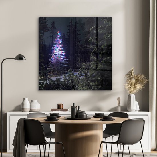 Peinture sur verre - Sapin de Noël illuminé dans une forêt sombre - 90x90 cm - Peintures Plexiglas