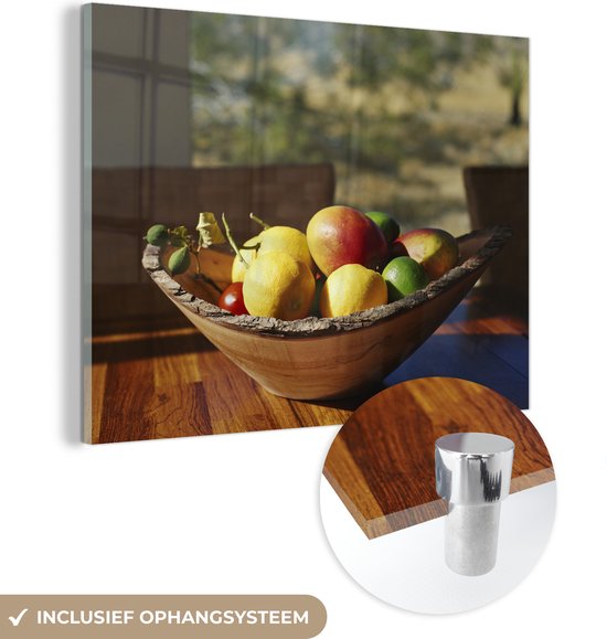 MuchoWow® Glasschilderij 40x30 cm - Schilderij acrylglas - Fruitschaal - Hout - Kom - Foto op glas - Schilderijen