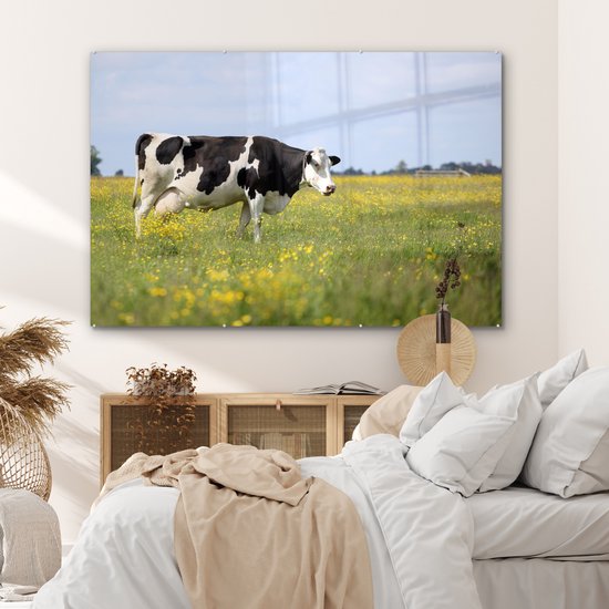 MuchoWow® Peinture sur verre 150x100 cm - Peinture sur verre acrylique - Vache - Herbe - Fleurs - Photo sur verre - Peintures