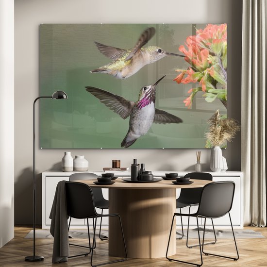 MuchoWow® Glasschilderij 150x100 cm - Schilderij acrylglas - Kolibrie - Vogels - Bloem - Foto op glas - Schilderijen