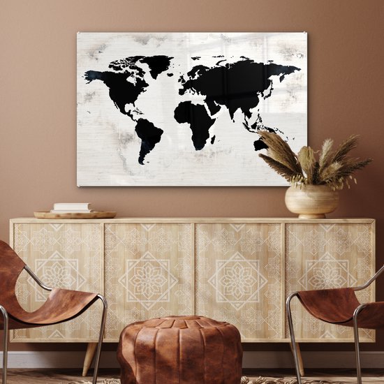 Peinture sur Verre - Carte du Wereldkaart - Zwart - Bois - 120x80 cm - Peintures sur Verre Peintures - Photo sur Glas