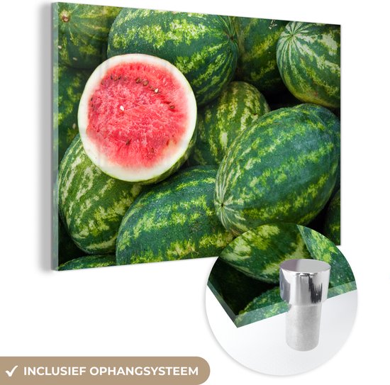 MuchoWow® Glasschilderij 120x80 cm - Schilderij acrylglas - Fruit - Watermeloen - Roze - Foto op glas - Schilderijen