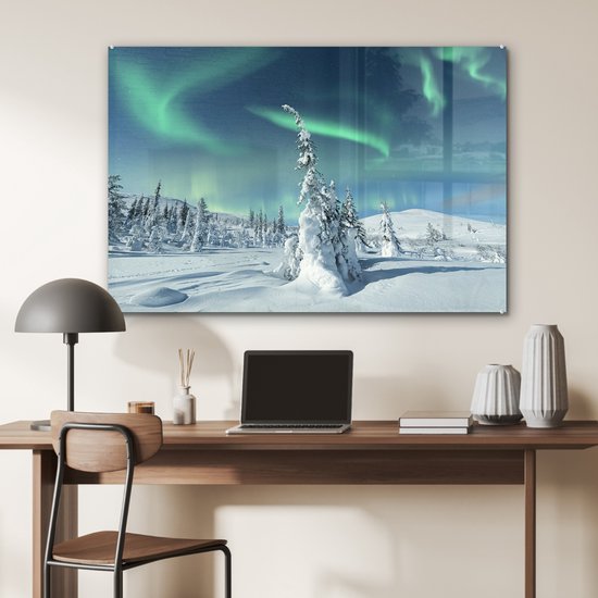 Peinture sur Verre - Paysage d'Hiver sous les Aurores Boréales - 90x60 cm - Peintures sur Verre Peintures - Photo sur Glas