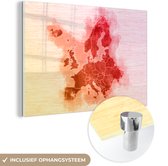 MuchoWow® Glasschilderij 150x100 cm - Schilderij acrylglas - Kaart Europa - Waterverf - Rood - Foto op glas - Schilderijen