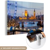 MuchoWow® Glasschilderij 60x40 cm - Schilderij acrylglas - London Eye - Avond - Big Ben - Foto op glas - Schilderijen