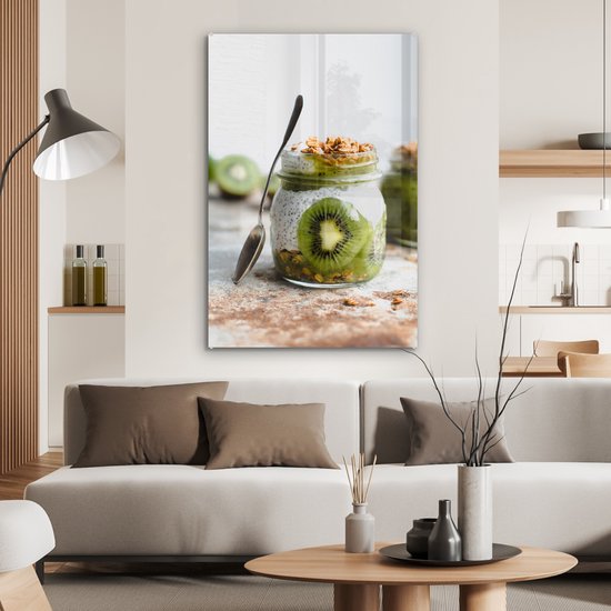 MuchoWow® Glasschilderij 80x120 cm - Schilderij acrylglas - Kiwi - Pudding - Eten - Foto op glas - Schilderijen