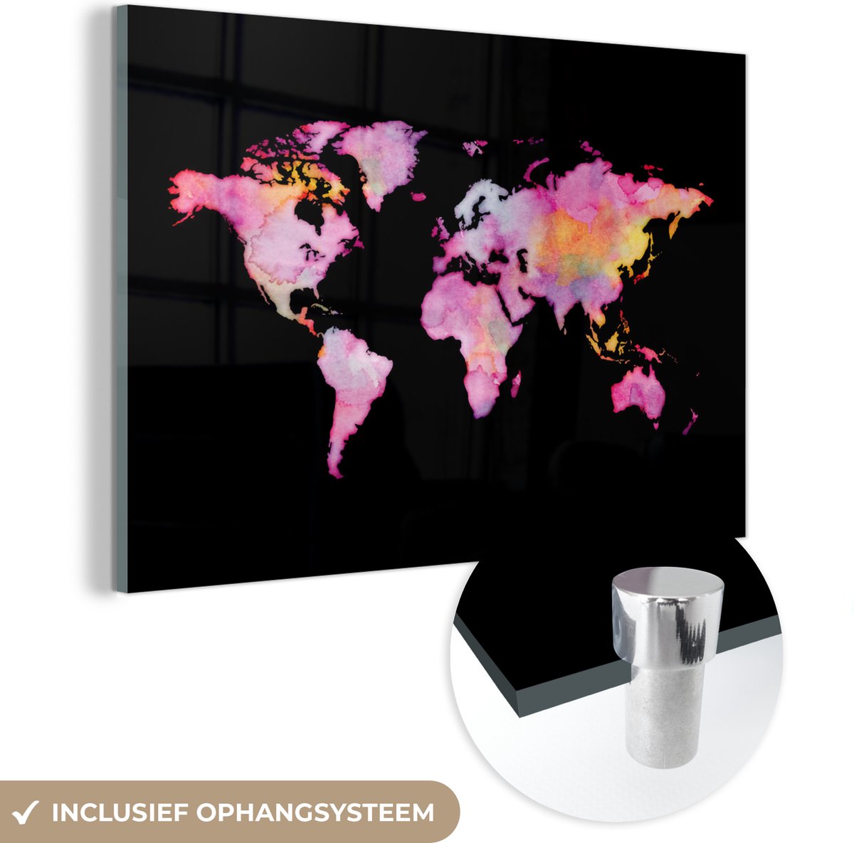 ® Glasschilderij 180x120 cm - Schilderij acrylglas - Wereldkaart - Waterverf - Roze - Foto op glas - Muurdecoratie woonkamer - Wanddecoratie slaapkamer - Schilderijen